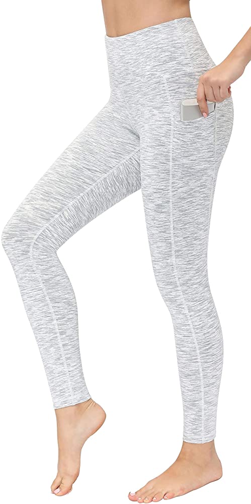 Fengbay High Waist Yoga Pants, Pocket Yoga Pants Tummy Control Workout (Grey/White) 4 Way Stretch Yoga Leggings (Large)