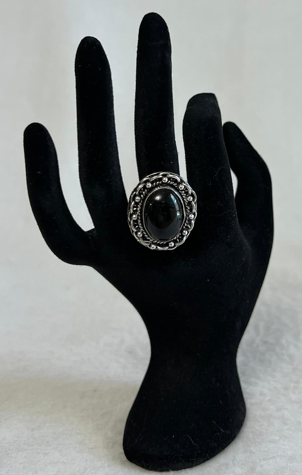 Black Onyx Cocktail Ring / German Silver (Size 8)