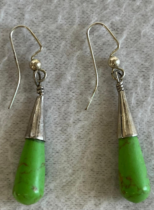Unique Sterling Silver & Green Stone Drop Earrings