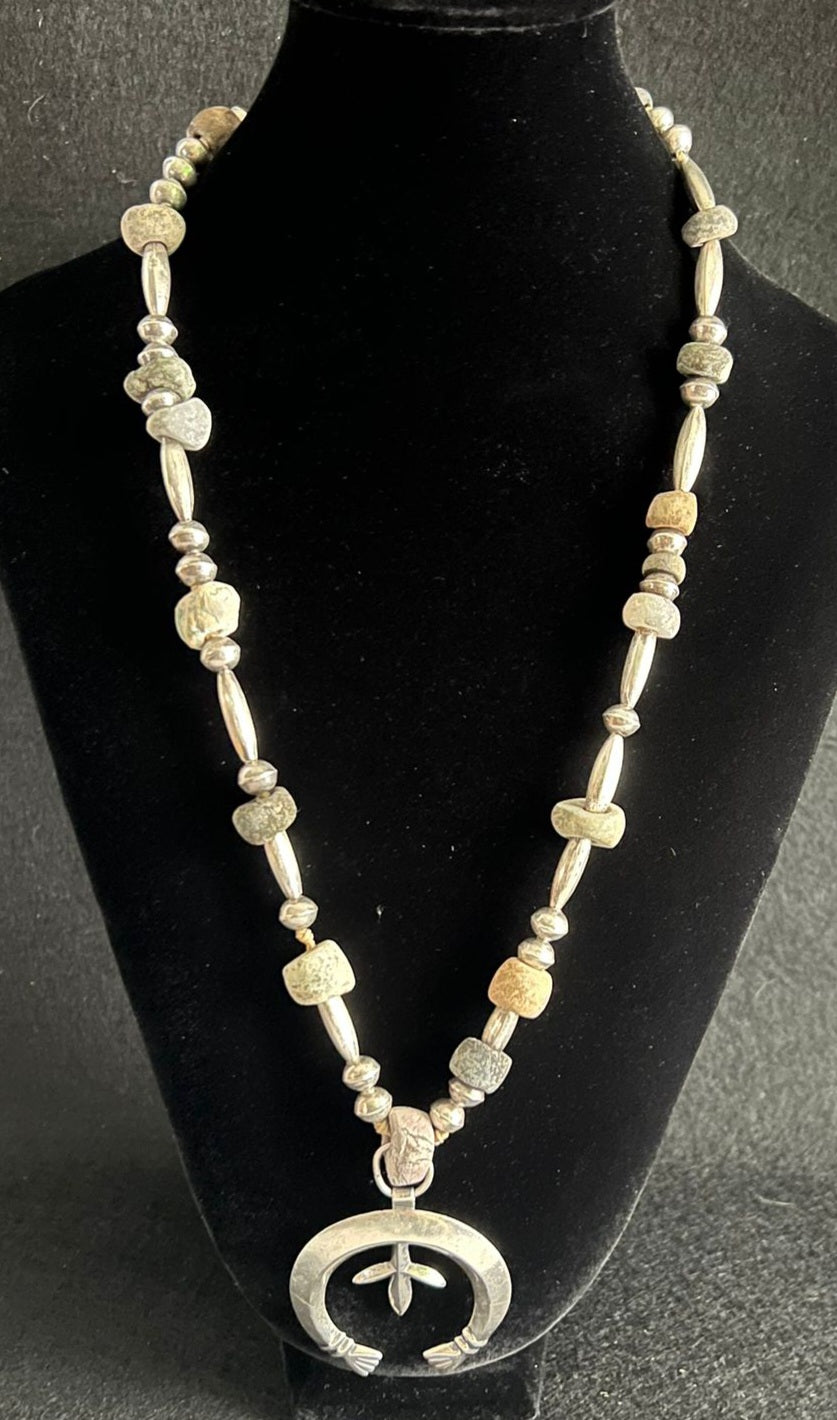 Vintage Sterling Silver & Stone Beads Sandcast NAJA Squash Blossom Necklace