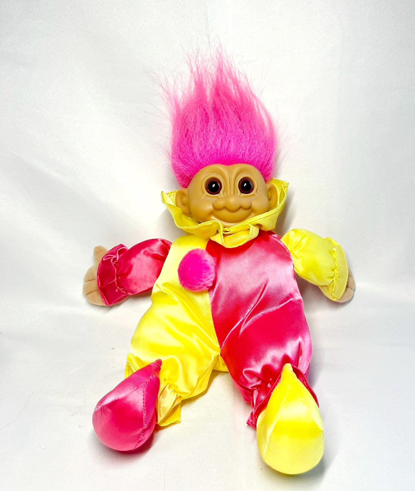 Cute *Vintage Russ Clown Troll Doll, “JESTER” Bright Pink & Yellow 10” Plush Toy