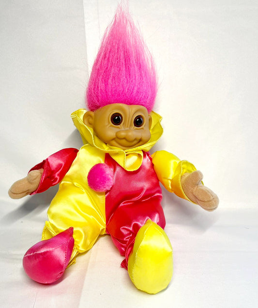 Cute *Vintage Russ Clown Troll Doll, “JESTER” Bright Pink & Yellow 10” Plush Toy