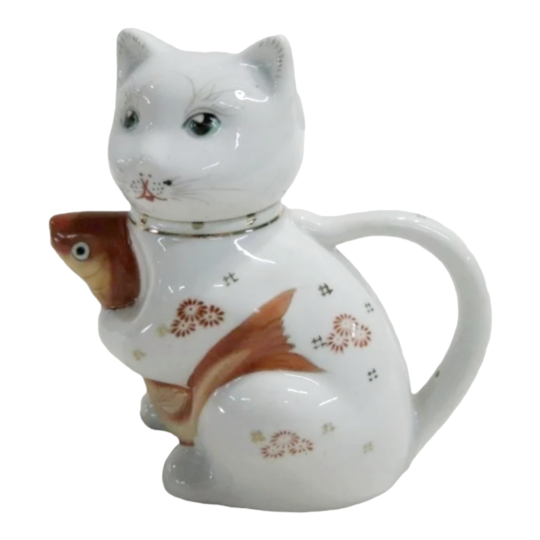 Adorable Lucky 5" Cat w/ Koi Fish Teapot or Creamer (China)