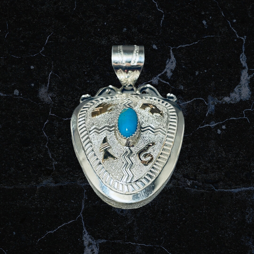 A Native Signed Kingman Turquoise 12KTGF Bear Sterling Silver Pendant