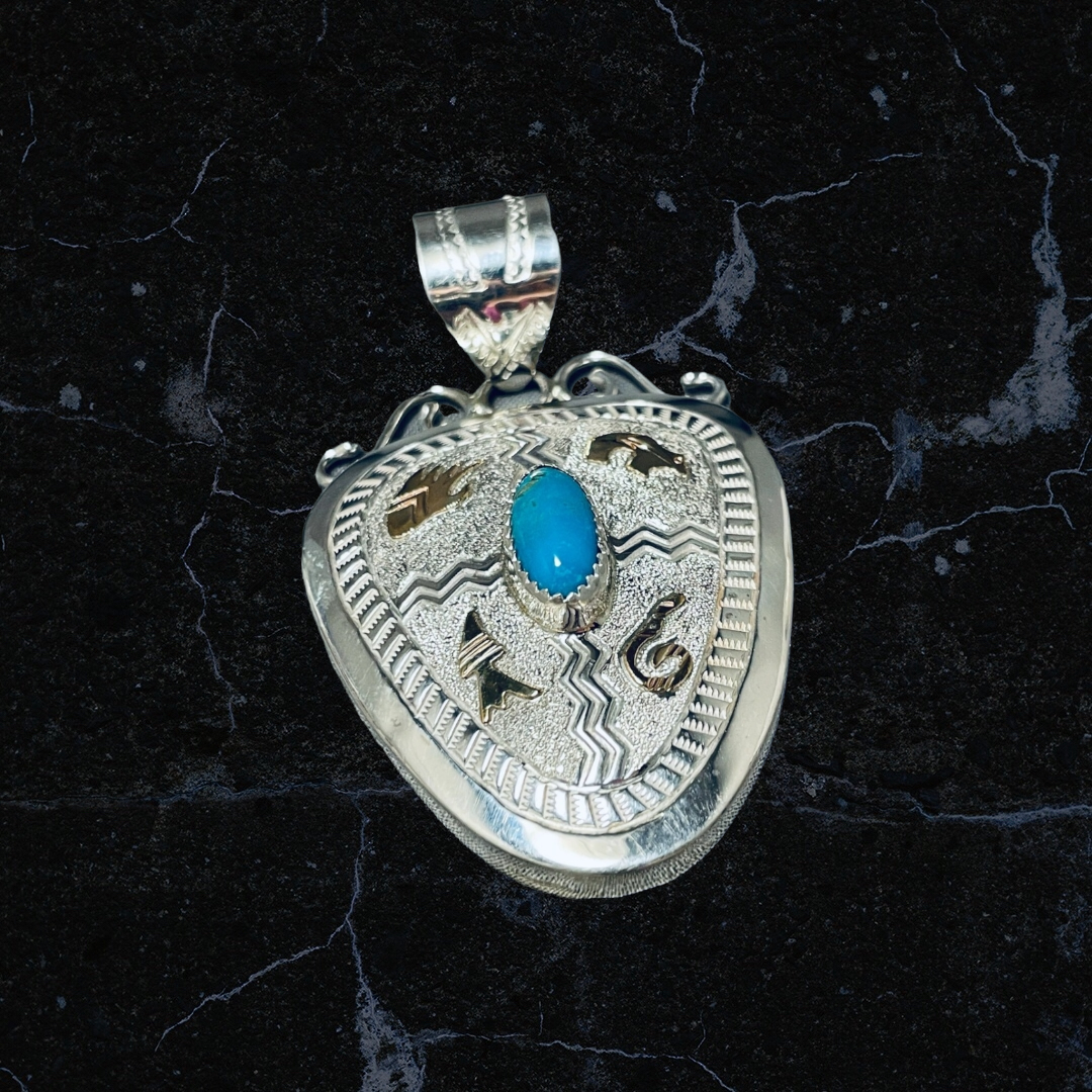 A Native Signed Kingman Turquoise 12KTGF Bear Sterling Silver Pendant