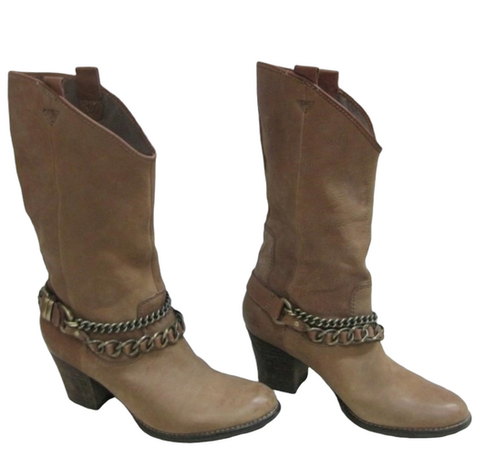 Great *NICHOLE 1" Heel Tan Leather Boots (Size 8.5)