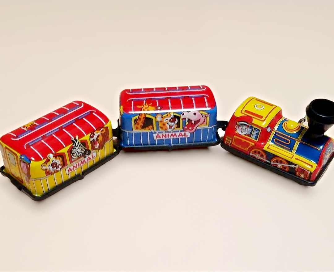 Vintage *Wind-up "Zoo Animals" 3-pc Tin Train 10" Long (Doll Toys)