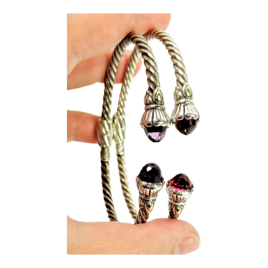 Two *18k-.925 Sterling Silver Gem Cap Floral Bangle Bracelets