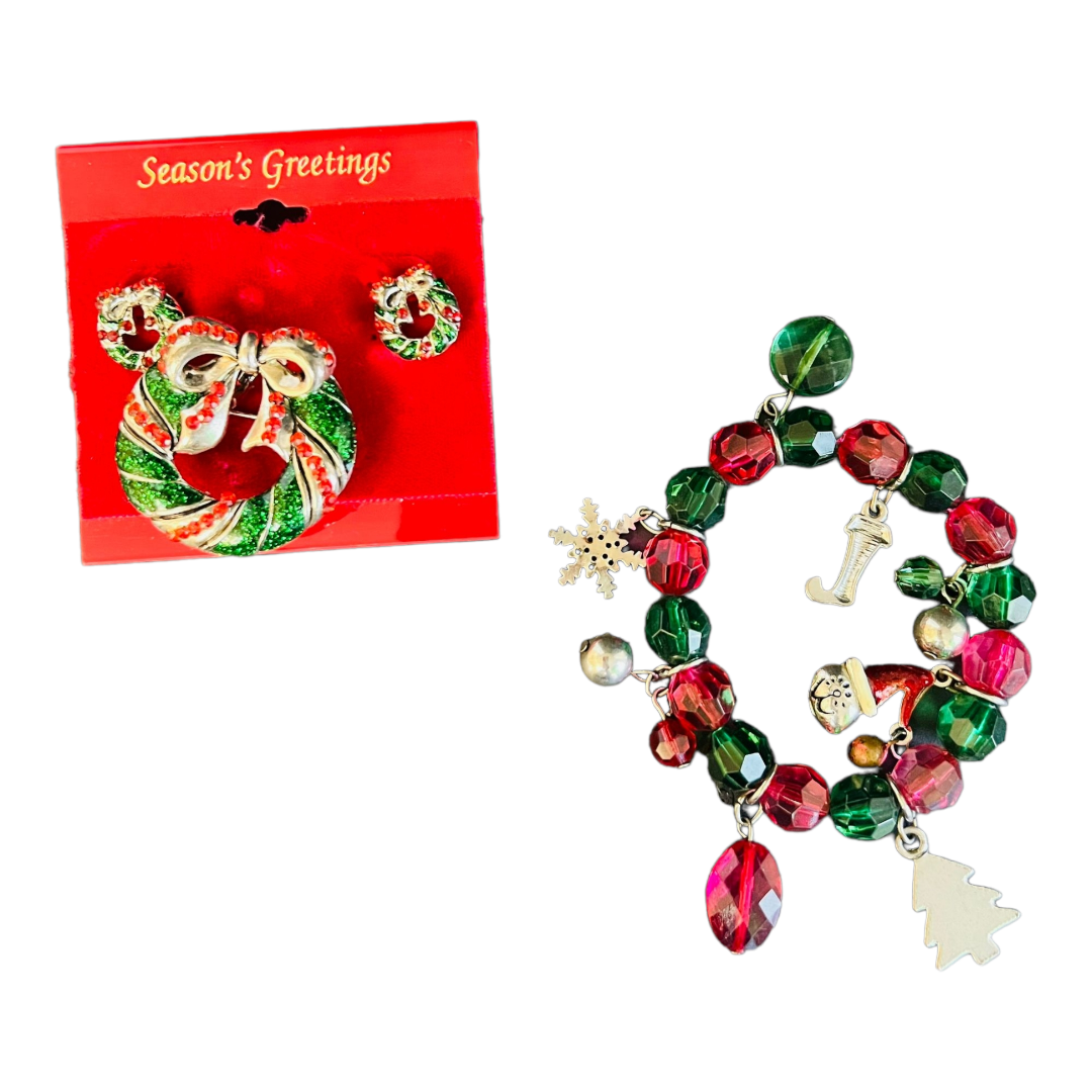 A Little Christmas Bling Lot 5 (1 Earring Set, 3 Broachs & 1 Bracelet)