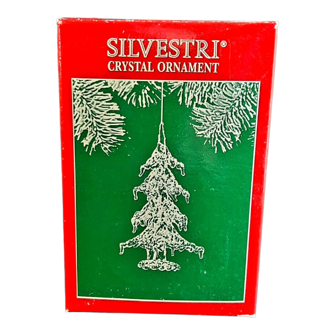 NIB *Two (2) Silvestri 4" Spun Glass Icy Pine Treew/ Glitter Glass Ornaments