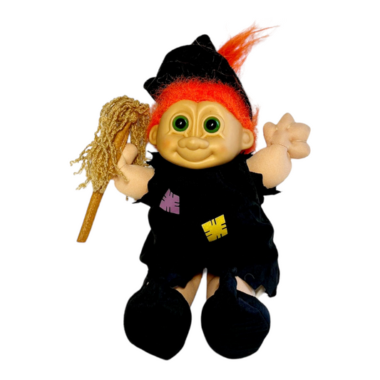 Cute *Vintage Russ “WITCH” Troll Doll w/ Broom Stick & Bright Orange Hair