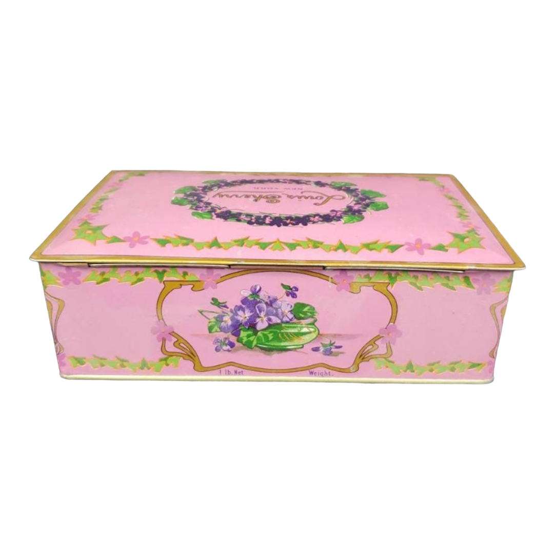 1920's Louis Sherry NY Can Co Pink Tin Metal Chocolate Box