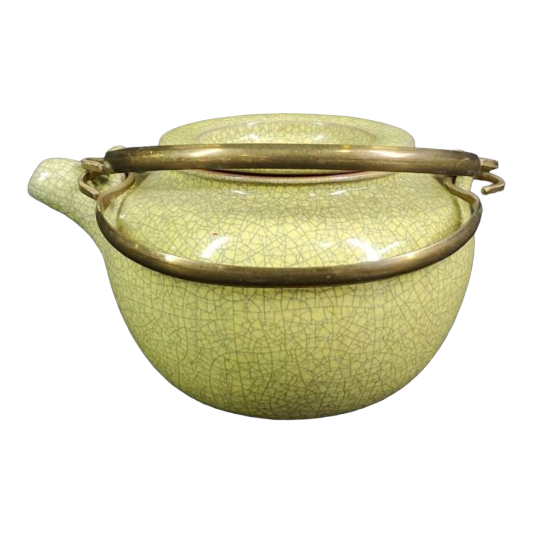 Vintage *Hallmarked Chinese Yellow/Green Ceramic Glaze Crackle Teapot
