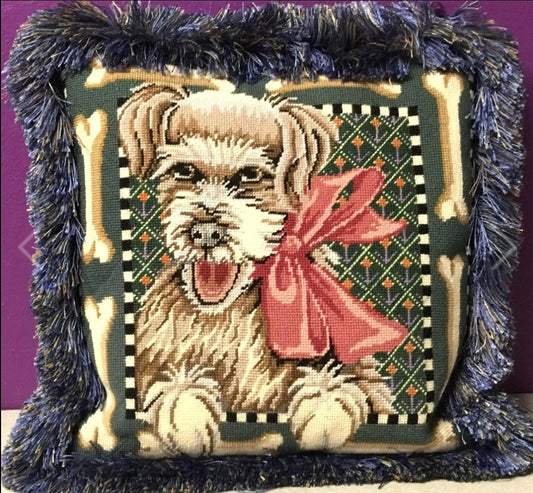 "Molly the Dog" ~ Terrier Vintage Needlepoint Finished Pillow
