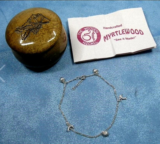 Cute Myrtle Wood Trinket Box & Silver Dolphin Bracelet Anklet
