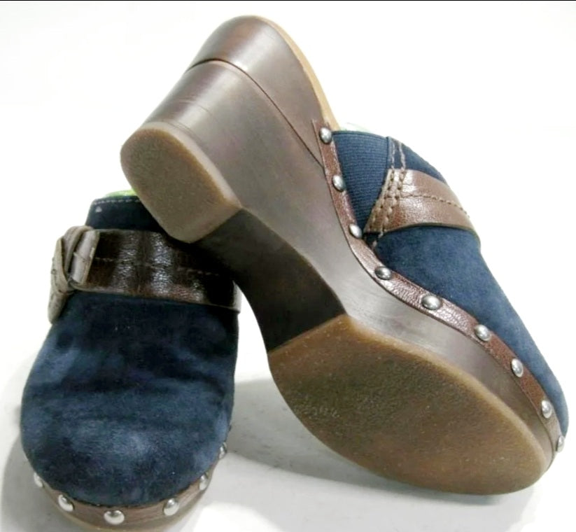 Naya Irina Leather Clogs Size 6 Women's Wood Heels Suede Stud Navy Blue Mules w/ Box