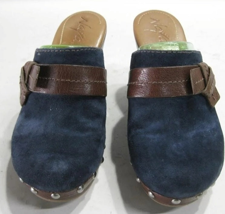 Naya Irina Leather Clogs Size 6 Women's Wood Heels Suede Stud Navy Blue Mules w/ Box