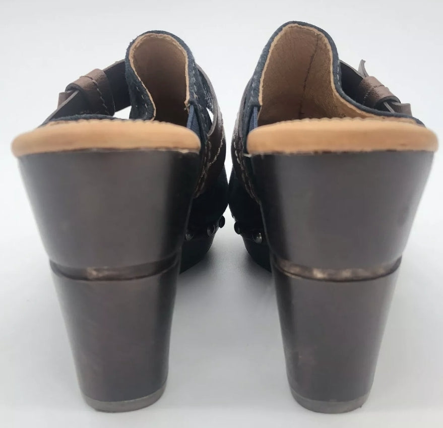 Naya Irina Leather Clogs Size 6 Women's Wood Heels Suede Stud Navy Blue Mules w/ Box