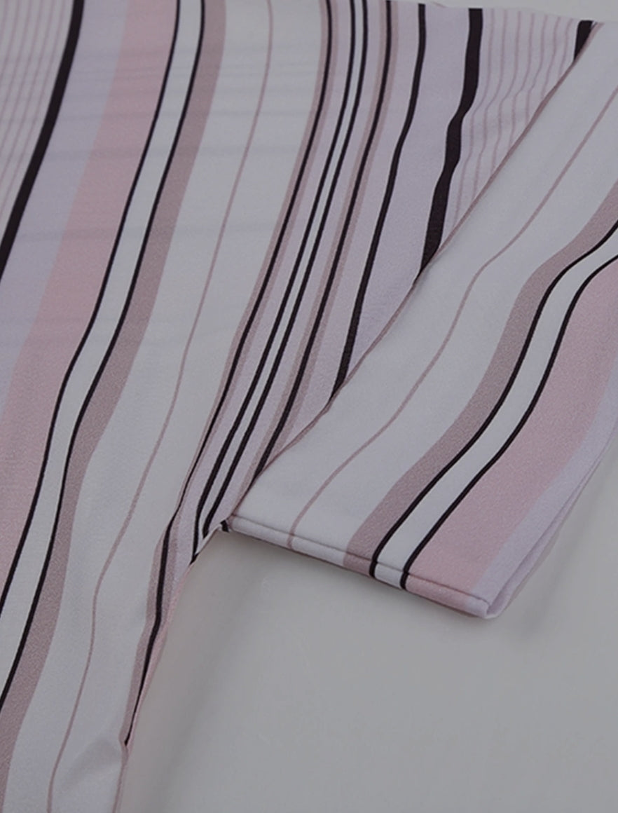 Beautiful Pink/White/ Black Striped Collared Neck Button-down Pocketed Top (Lg)