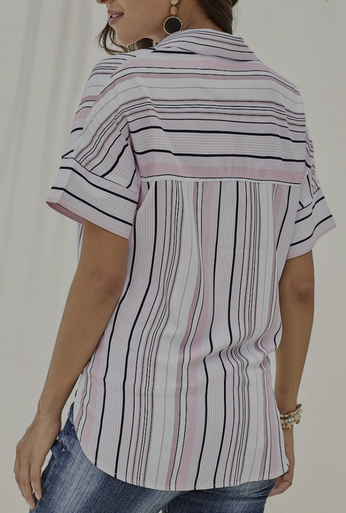 Beautiful Pink/White/ Black Striped Collared Neck Button-down Pocketed Top (Lg)
