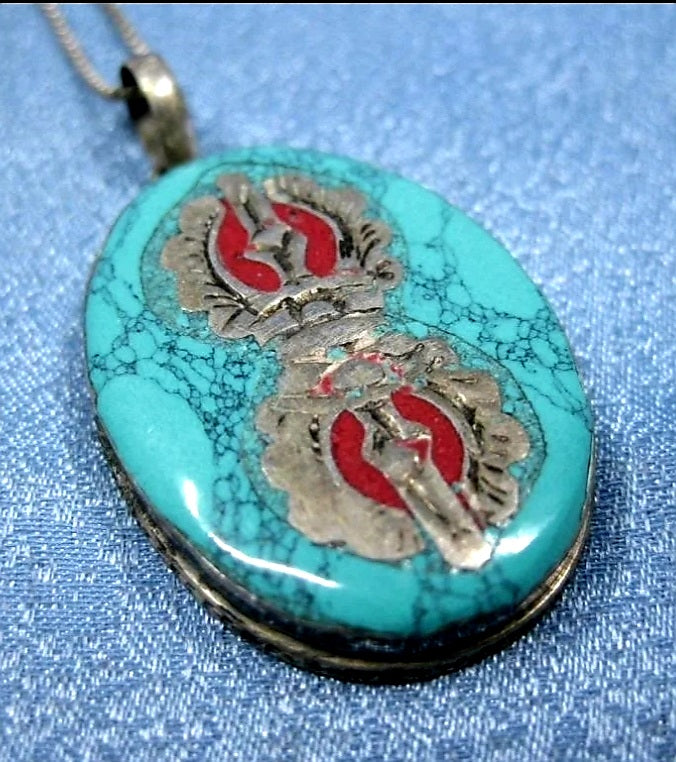 Antique Sterling Silver & Turquoise Inlay Stone Oval Necklace