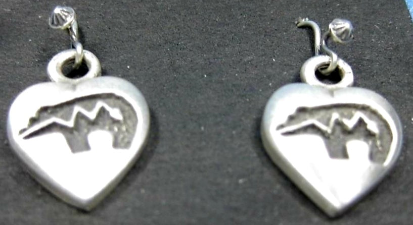 Sterling Silver Zuni Bear Earrings, Heart Shaped Dangle - Brand New