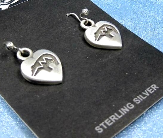 Sterling Silver Zuni Bear Earrings, Heart Shaped Dangle - Brand New