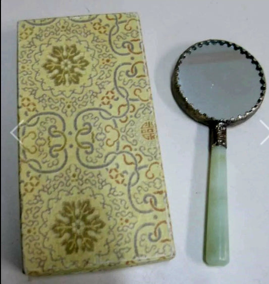 Oriental Jade Handle Mirror w/ Ornate Silver Filigree Frame