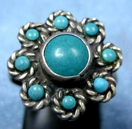 Vintage Sterling Silver & Turquoise Flower Ring Size 7*Hallmarked