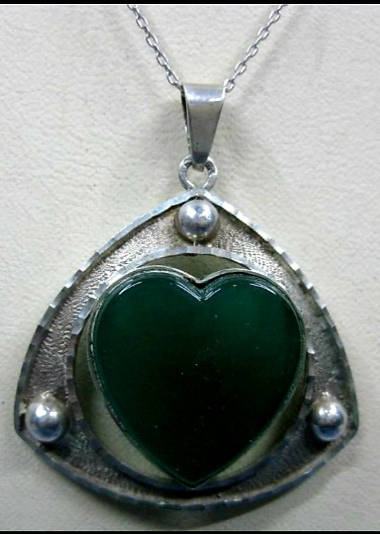 Sterling Silver Pendant, Centered by a Green Agate Heart Necklace