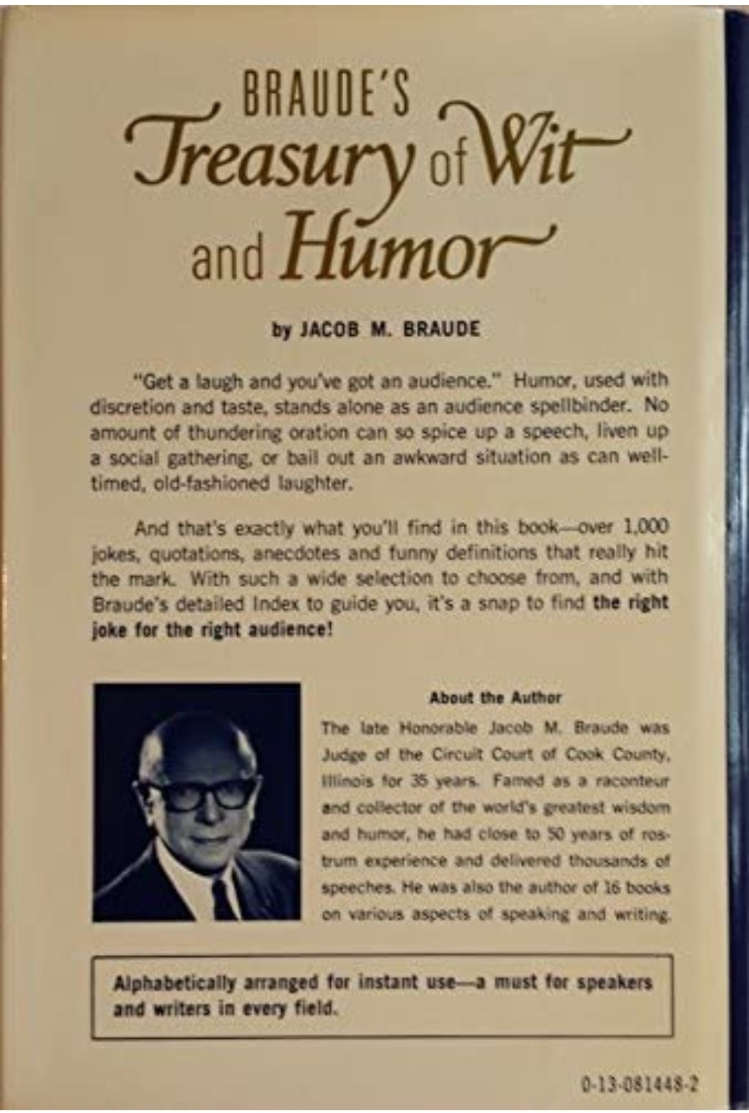 Braude's Treasury of Wit and Humor, Hardcover 1987c *Great