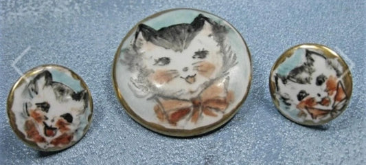Vintage Hand Painted Cat Kitten Brooch & Matching Screwback Earrings