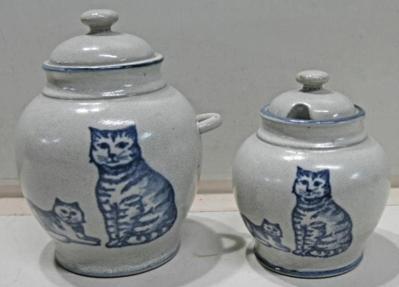 Two Adorable Vintage Cat Tasakaski Stoneware Canisters w/ Lids San Francisco Kittens