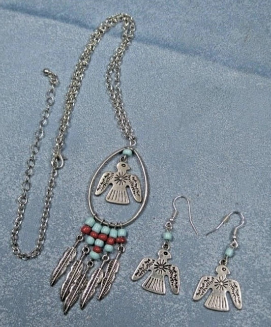 Silver Tone SouthWest Design Aztec Bird Necklace & Earrings Thunderbird
