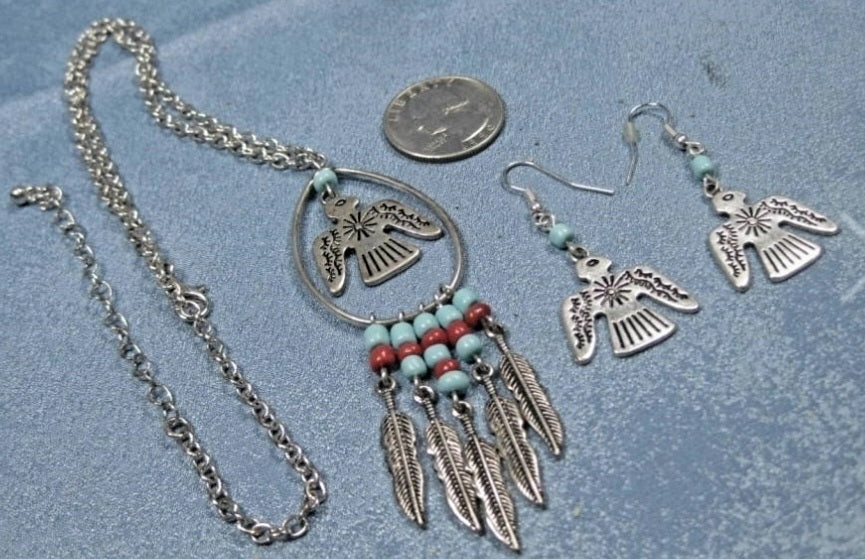 Silver Tone SouthWest Design Aztec Bird Necklace & Earrings Thunderbird
