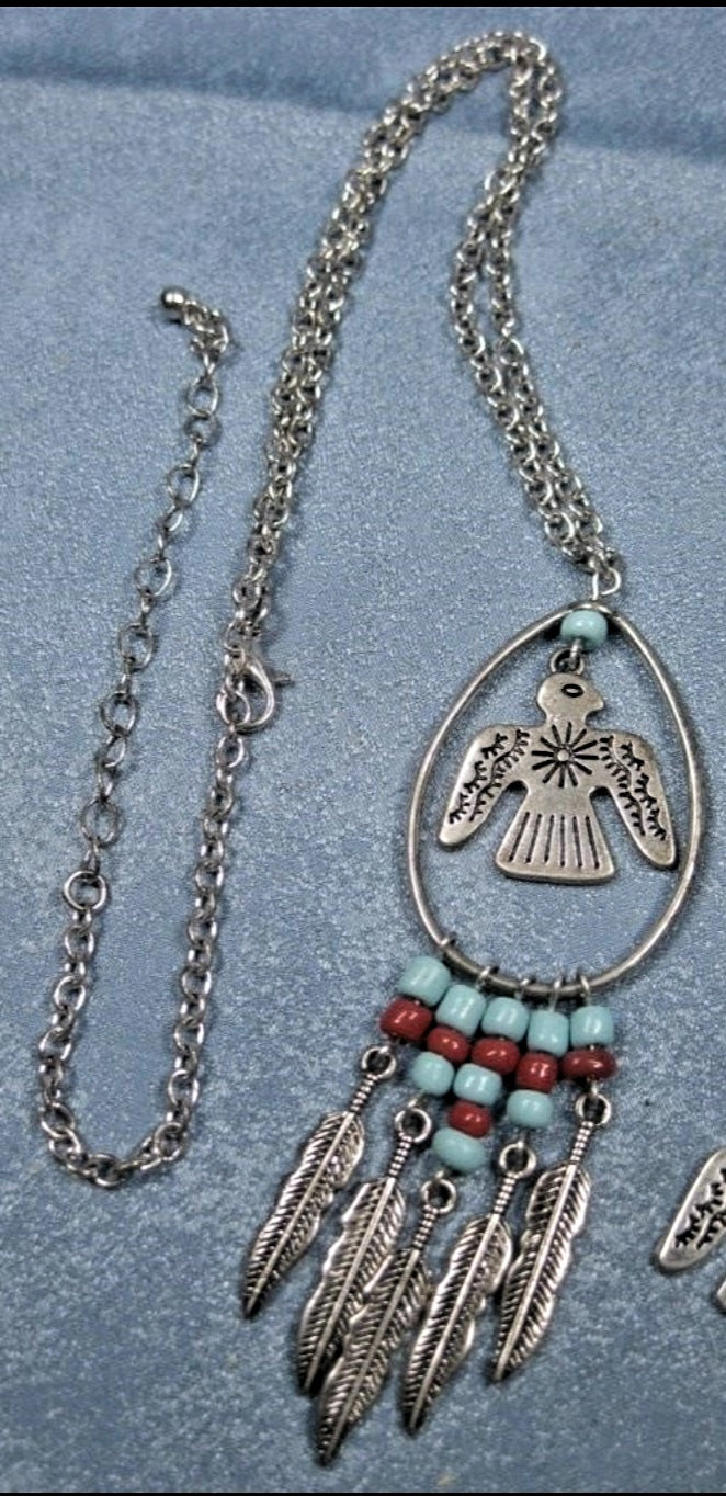 Silver Tone SouthWest Design Aztec Bird Necklace & Earrings Thunderbird