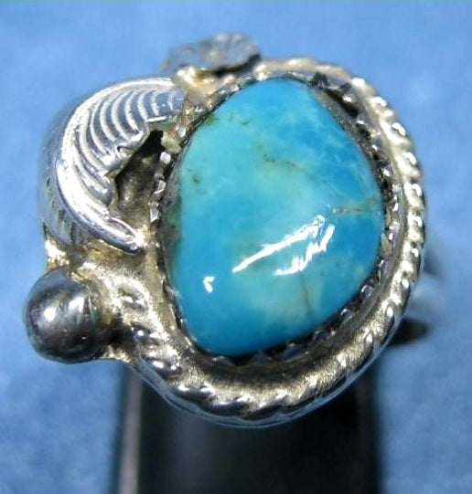 Vintage Sterling Silver Native American SW Navajo Squash Peyote Blossom Feather Appliqued Turquoise Ring sz 8