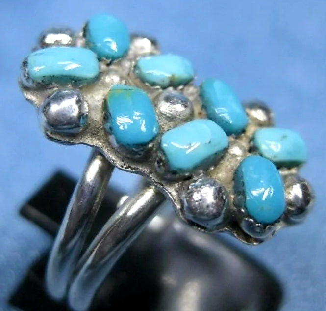 Stunning Navajo Turquoise Cluster & Sterling Silver Ring Vintage