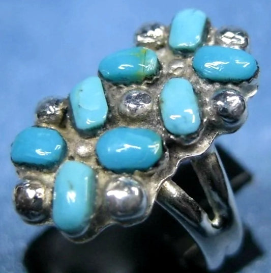 Stunning Navajo Turquoise Cluster & Sterling Silver Ring Vintage