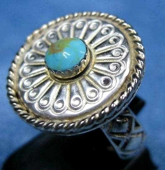 Dramatic Round Sterling Silver & Turquoise SW Statement Ring Hallmarked *sz8.5