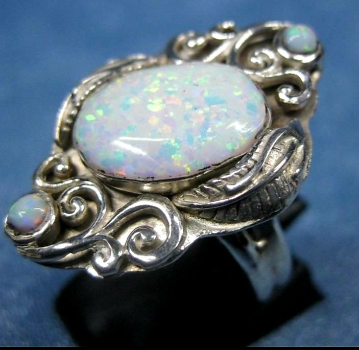Brilliant Sterling Silver & White Opal Ring *sz 8
