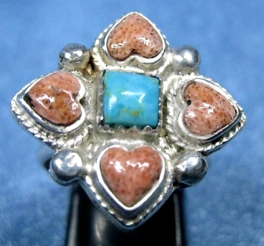Vintage Sterling Silver & Coral Native Flower Ring *sz 8 1/2