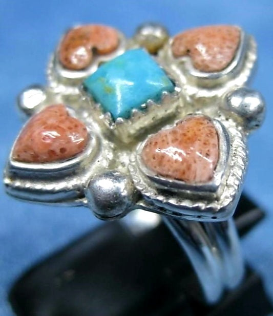 Vintage Sterling Silver & Coral Native Flower Ring *sz 8 1/2