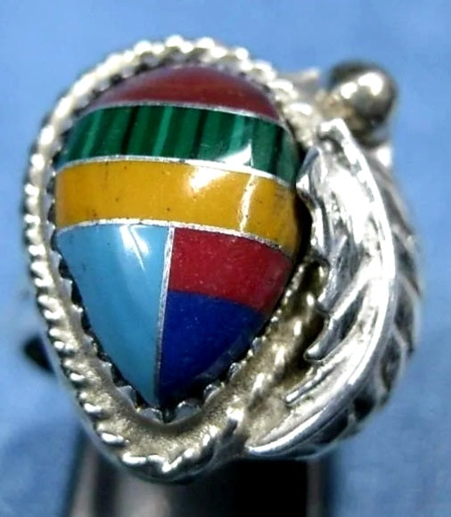 Vintage Zuni Sterling Silver Split Shank Multi Stone Inlay Native American Feather Appliqued Ring *sz 8