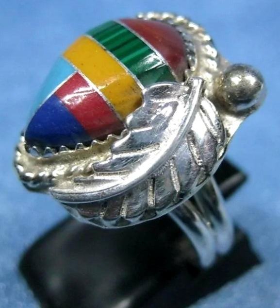 Vintage Zuni Sterling Silver Split Shank Multi Stone Inlay Native American Feather Appliqued Ring *sz 8