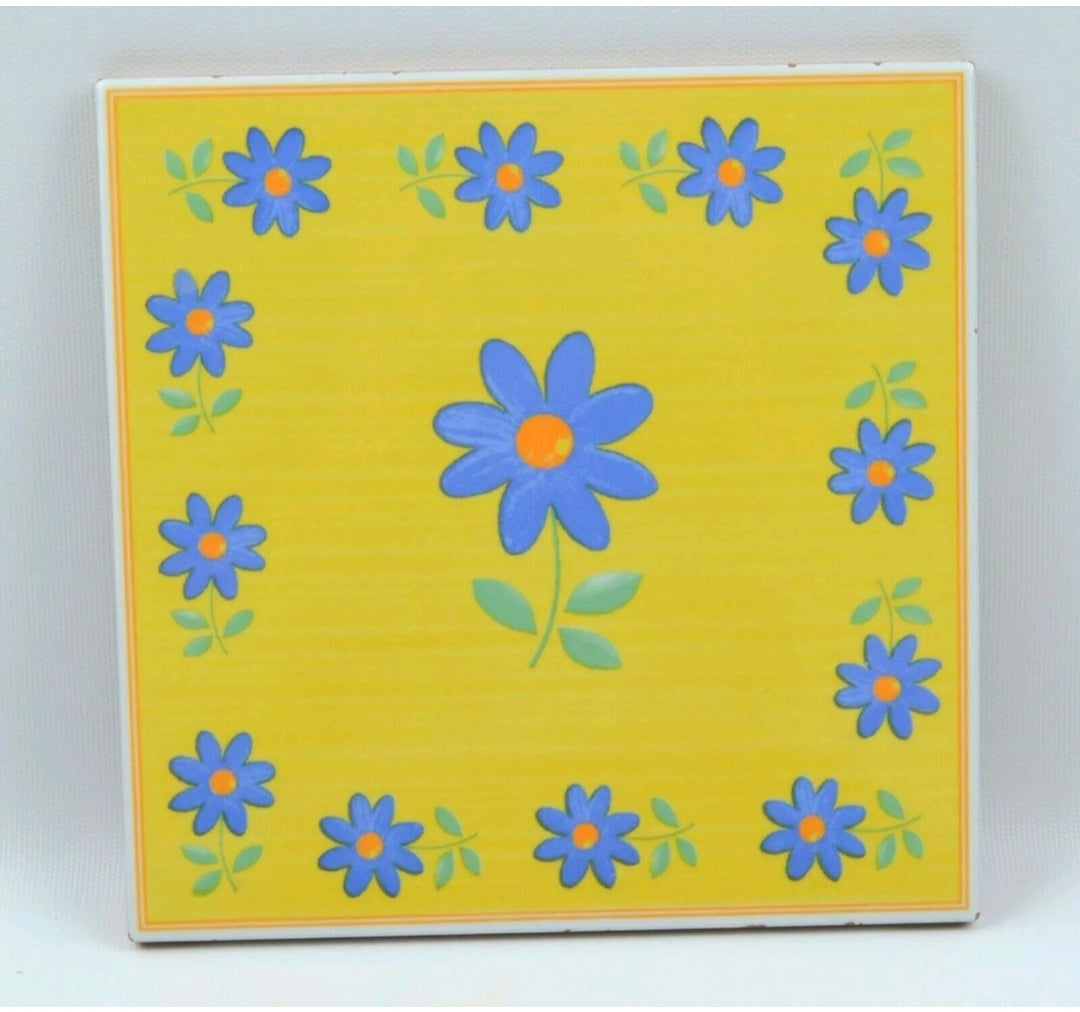 Furio Home Yellow & Blue Floral Art Pottery Terra Cotta Tile Trivet From Italy