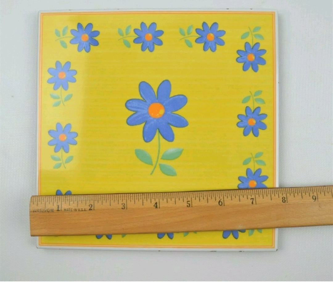 Furio Home Yellow & Blue Floral Art Pottery Terra Cotta Tile Trivet From Italy