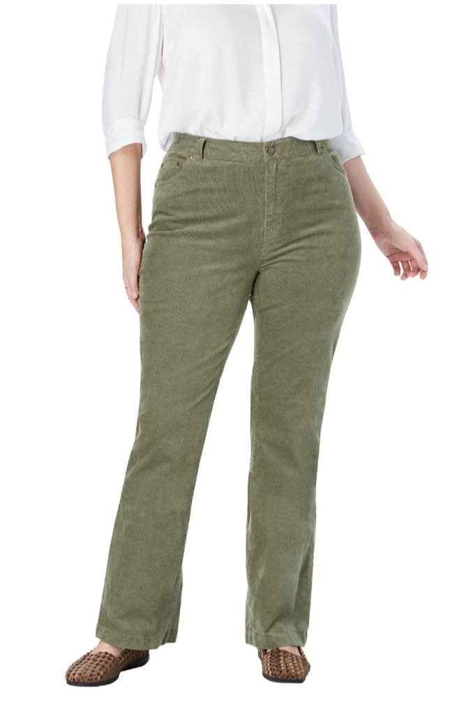 NEW *Denim & Co. Petite Stretch Corduroy Pull-on Bootcut Olive 26