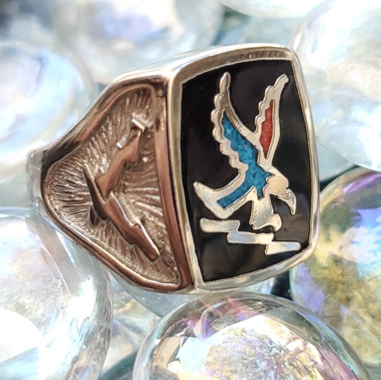 Vintage SW Ring: Obsidian Turquoise Red Coral Chip Inlay Eagle (Size 5.75)
