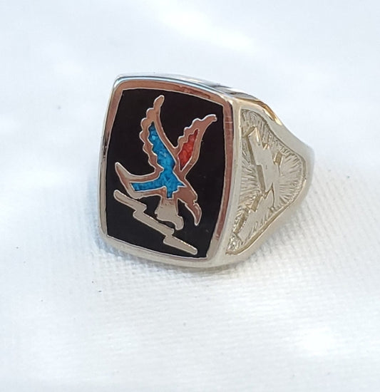 Vintage SW Ring: Obsidian Turquoise Red Coral Chip Inlay Eagle (Size 5.75)